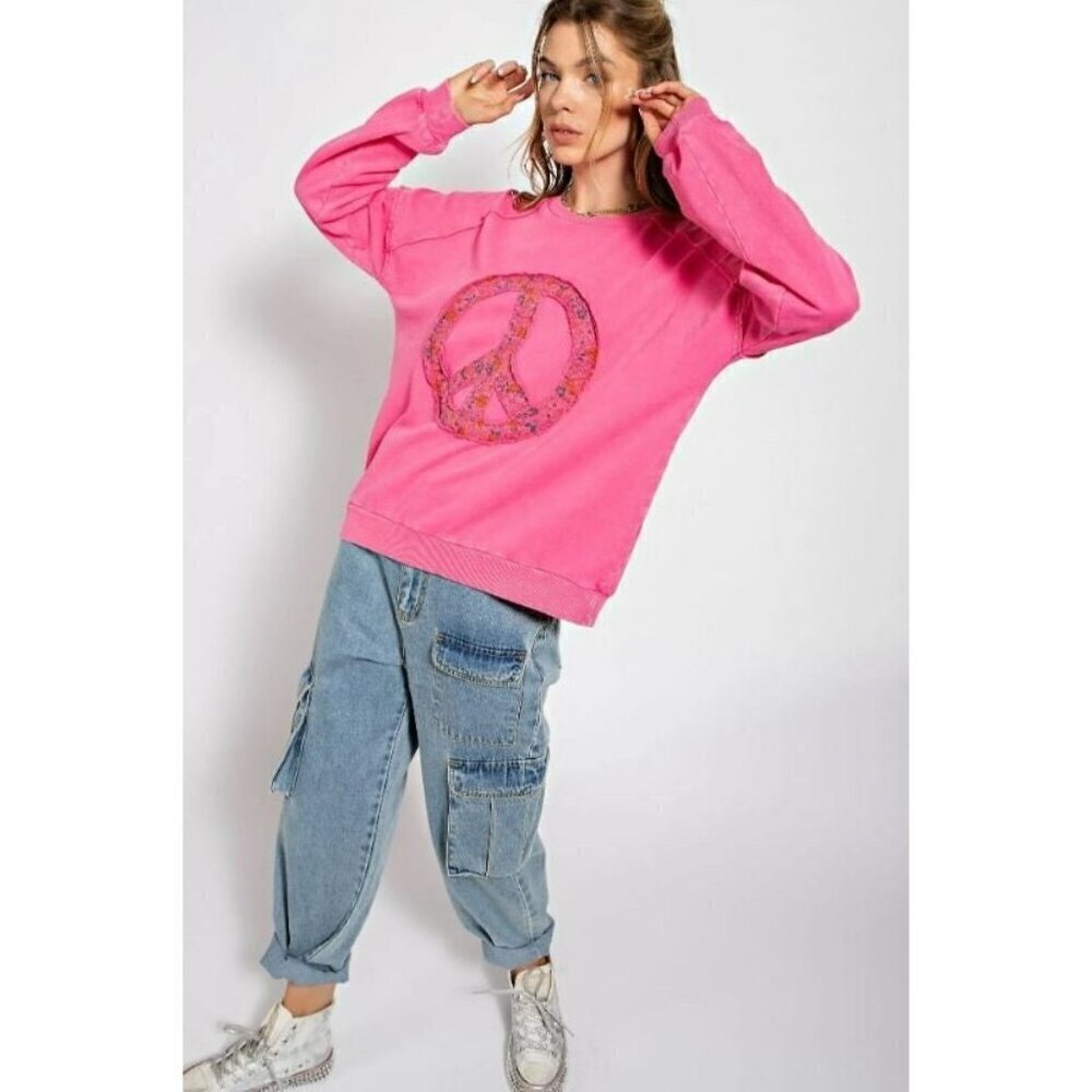 Peace Out French Terry Pullover in Cotton Candy - Picture 2 of 4